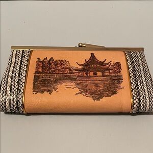 Vintage Leather Like Tan & Black Chinese Temple & Scenic Frame Clutch Wallet NEW